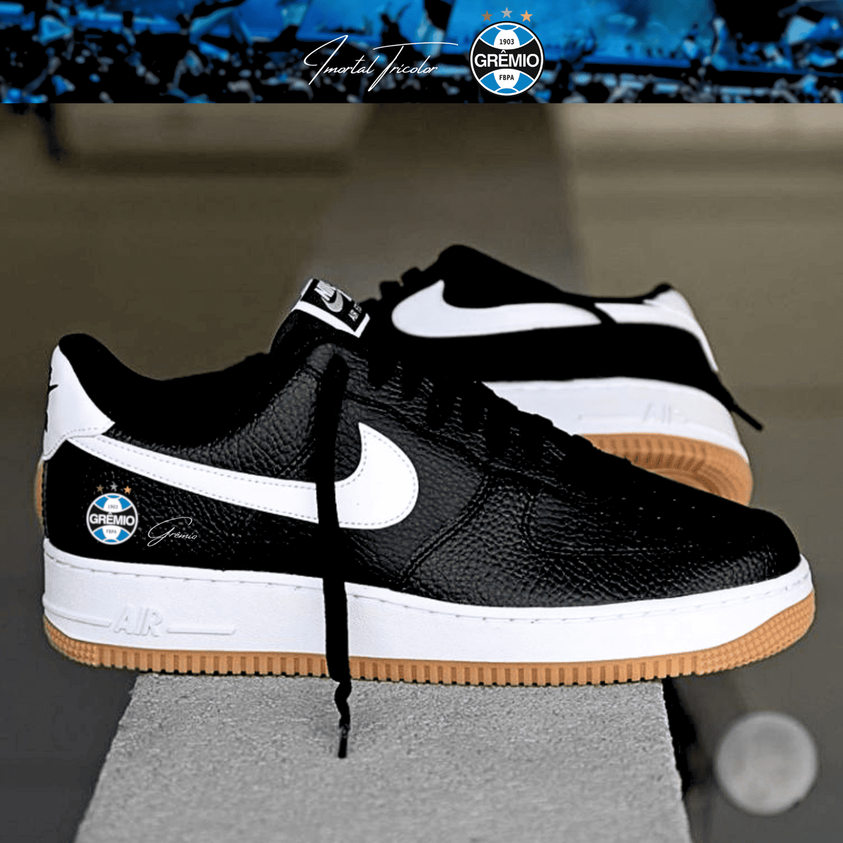 Exclusivo: Tênis Air Force White Black Obsidian Signature Customizado do Grêmio + *BRINDE 1x Caneca Oficial* - EDIÇÃO LIMITADA