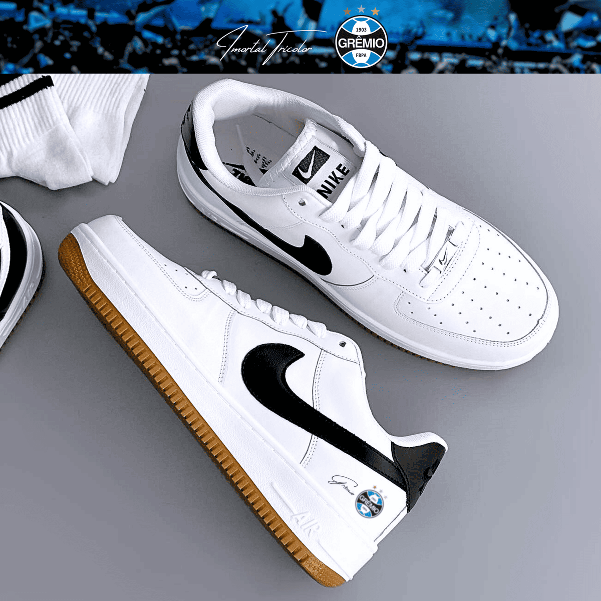 Exclusivo: Tênis Air Force White Black Obsidian Signature Customizado do Grêmio + *BRINDE 1x Caneca Oficial* - EDIÇÃO LIMITADA