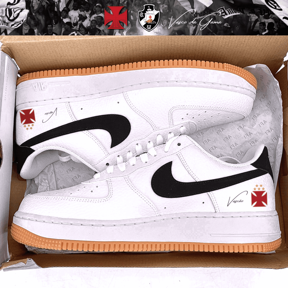 Exclusivo: Tênis Air Force White Black Obsidian Signature Customizado do Vasco + *BRINDE 1x Caneca Oficial* - EDIÇÃO LIMITADA